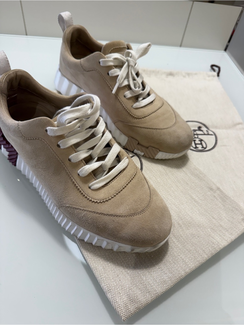 HERMES Beige Suede Women's Bouncing Sneakers